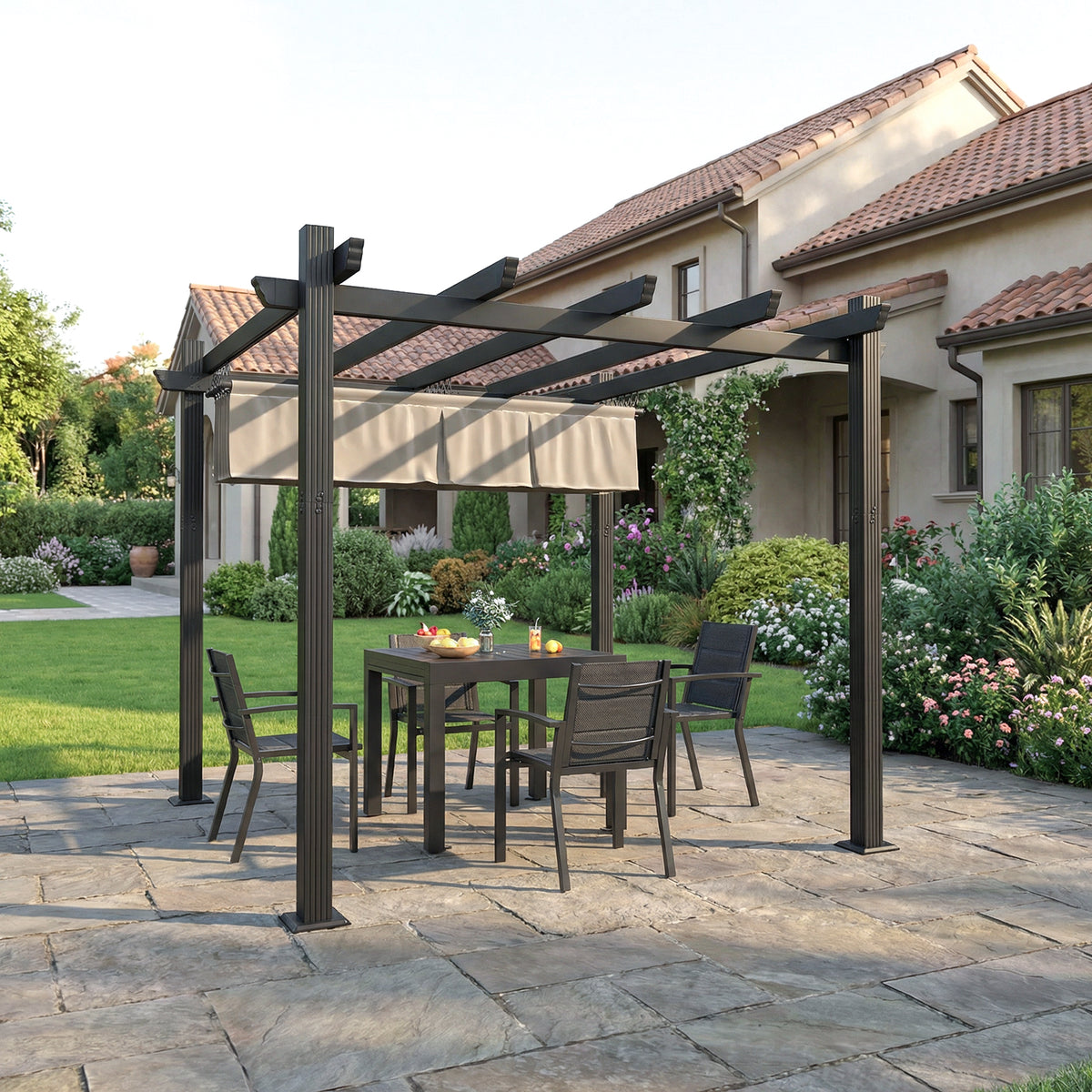 Yardwell Pergola Gartenpavillon mit einziehbarem Dach | 3x4m & 3x3m | Verstellbares Sonnendach | Wasserdicht & Stabil - Yardwell