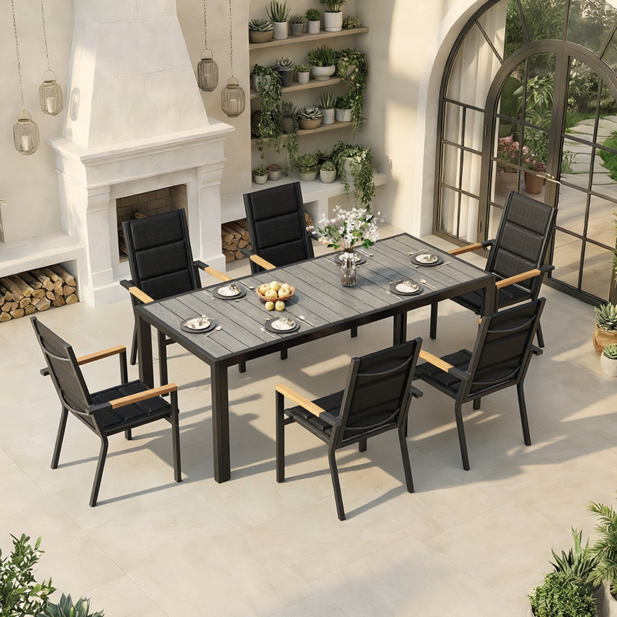 Gartenmöbel Set 189 cm – Aluminium Holzoptik | Für 4, 6 oder 8 Personen mit Armlehnstühlen - Yardwell