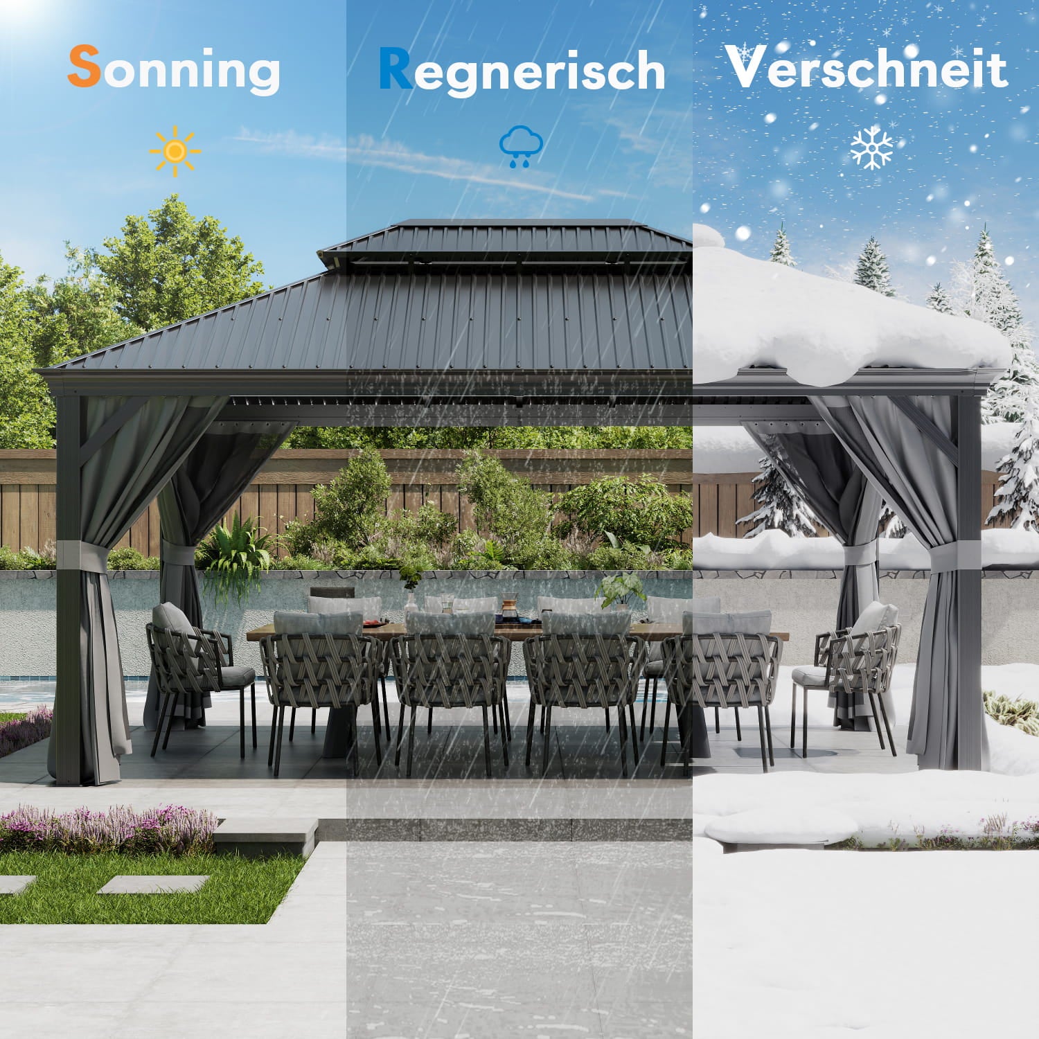 Yardwell Hardtop Pavillon mit Stahldach, 3.65X4.85m, Gartenpavillon mit Seitenwand und Moskitonetz
