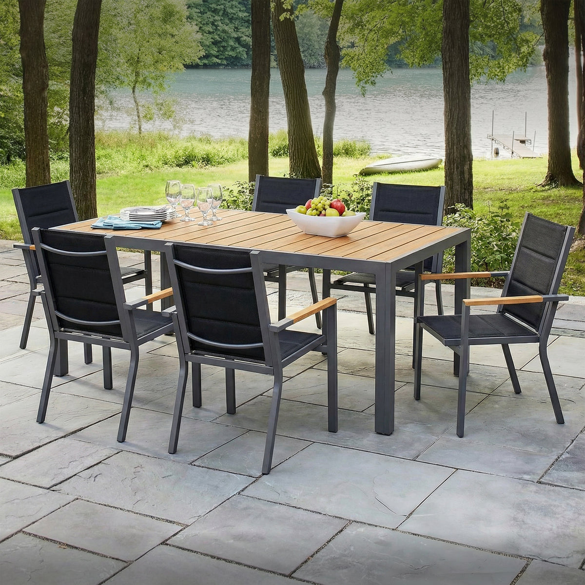 Gartenmöbel Set 189 cm – Aluminium Holzoptik | Für 4, 6 oder 8 Personen mit Armlehnstühlen - Yardwell