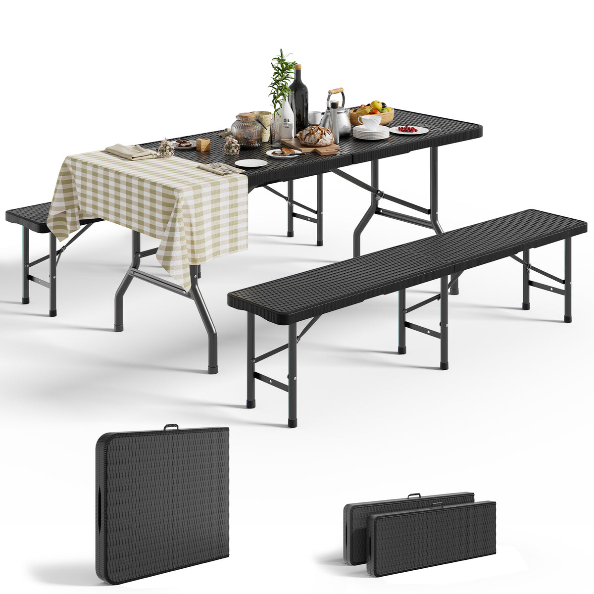Bierzeltgarnitur klappbar 6 Personen – Klapptisch 180cm mit 2 Bänken, Rattan - Optik, 300kg, wetterfest, Kofferraum - geeignet - Yardwell