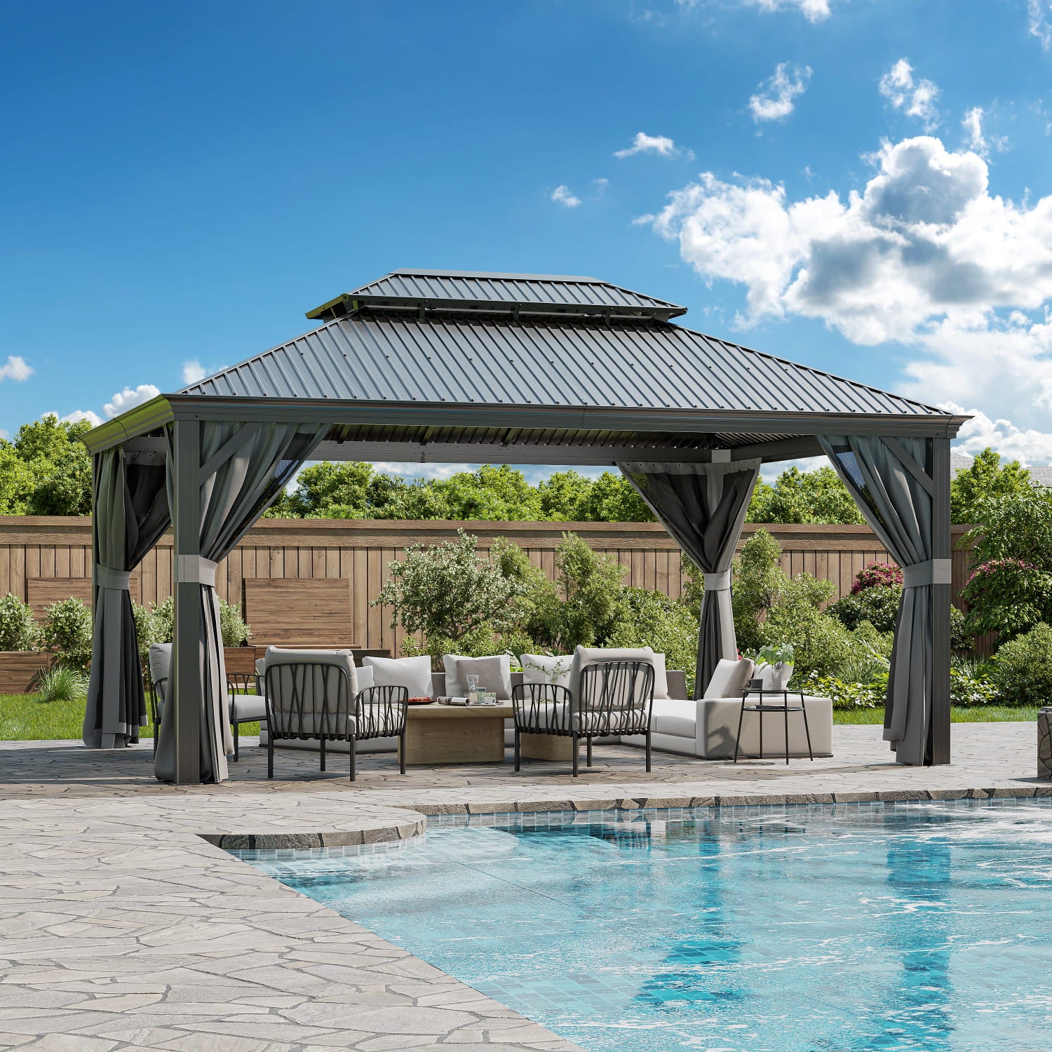 Yardwell Hardtop Pavillon mit Stahldach, 3.65X4.85m, Gartenpavillon mit Seitenwand und Moskitonetz