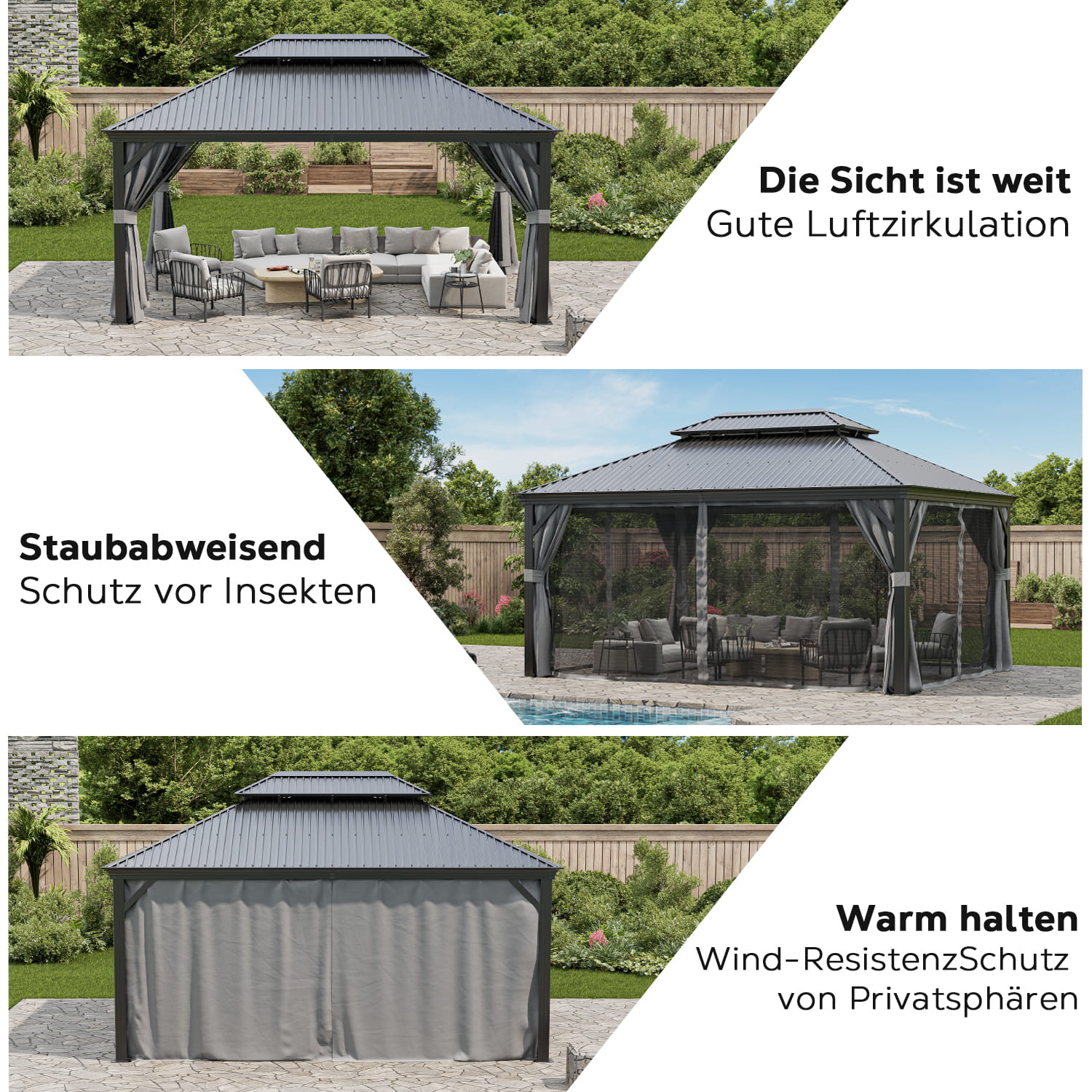 Yardwell Hardtop Pavillon mit Stahldach, 3.65X4.85m, Gartenpavillon mit Seitenwand und Moskitonetz