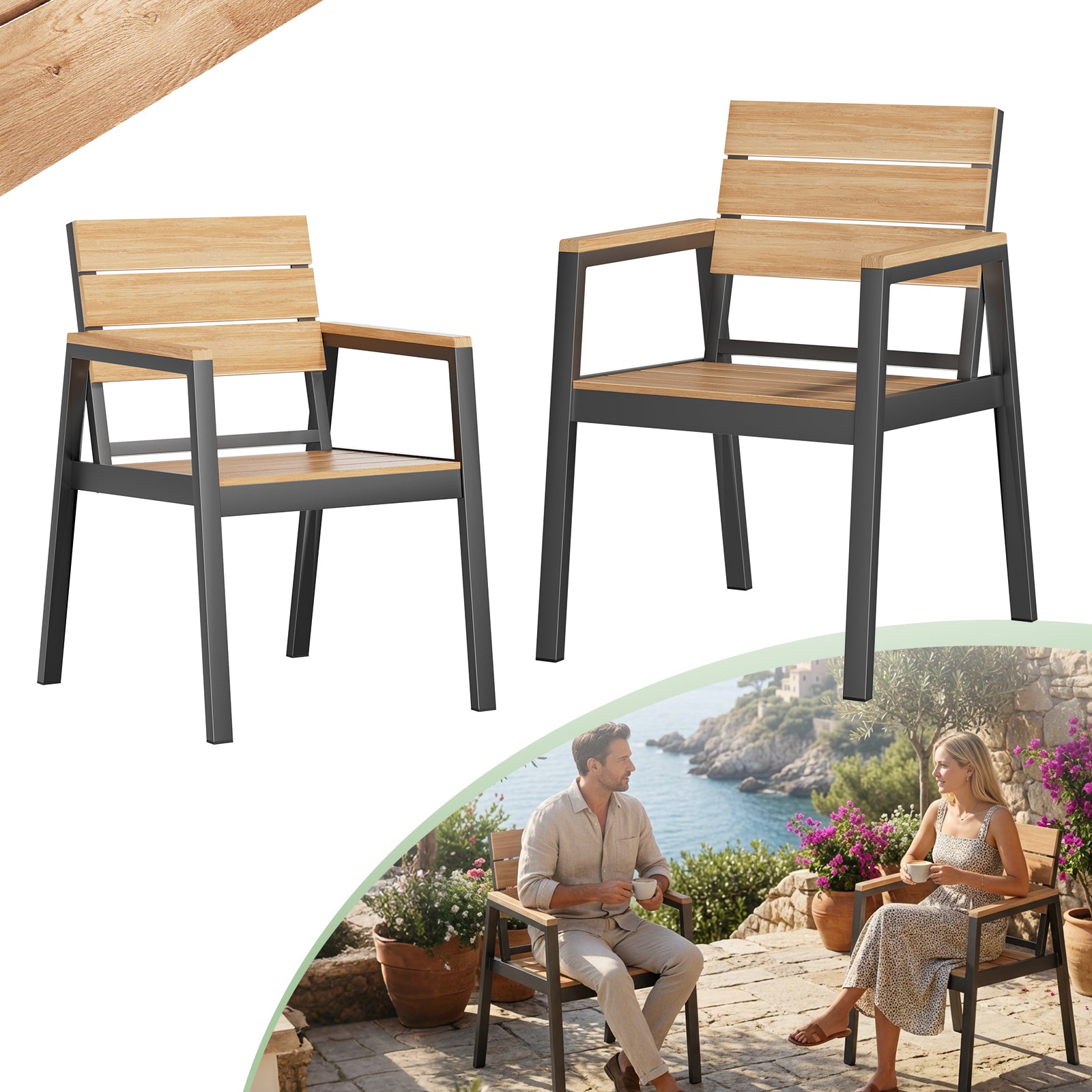 Metallstuhl in Holzoptik – platzsparend unter den Tisch schiebbar