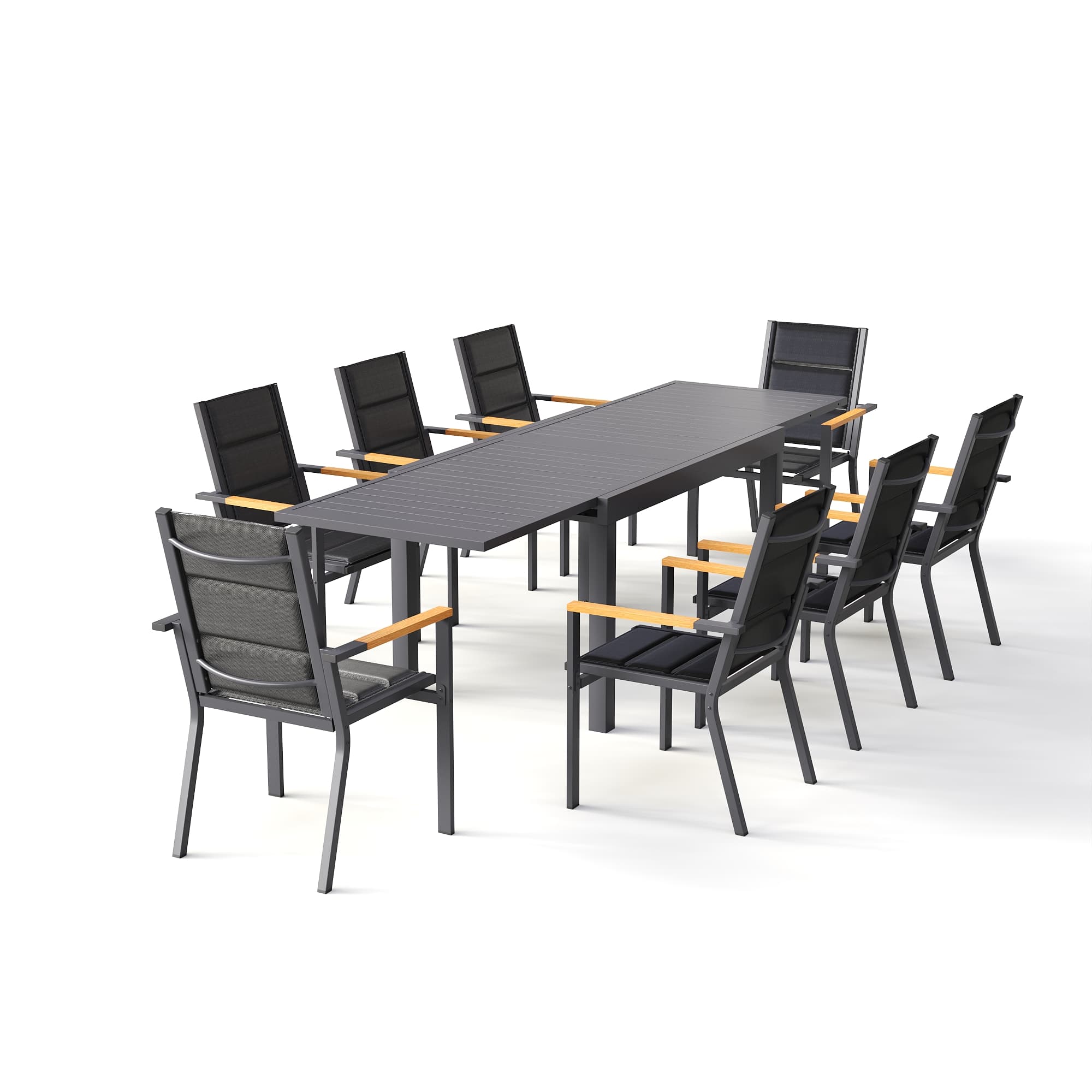 Gartenmöbel Set ausziehbar – Tisch 130–260 cm mit 6, 8 oder 10 Armlehnstühlen, Aluminium, 3 Farben - Yardwell