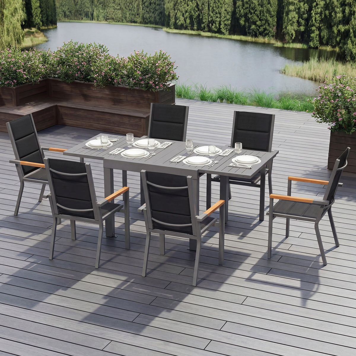 Gartenmöbel Set ausziehbar – Tisch 130–260 cm mit 6, 8 oder 10 Armlehnstühlen, Aluminium, 3 Farben - Yardwell