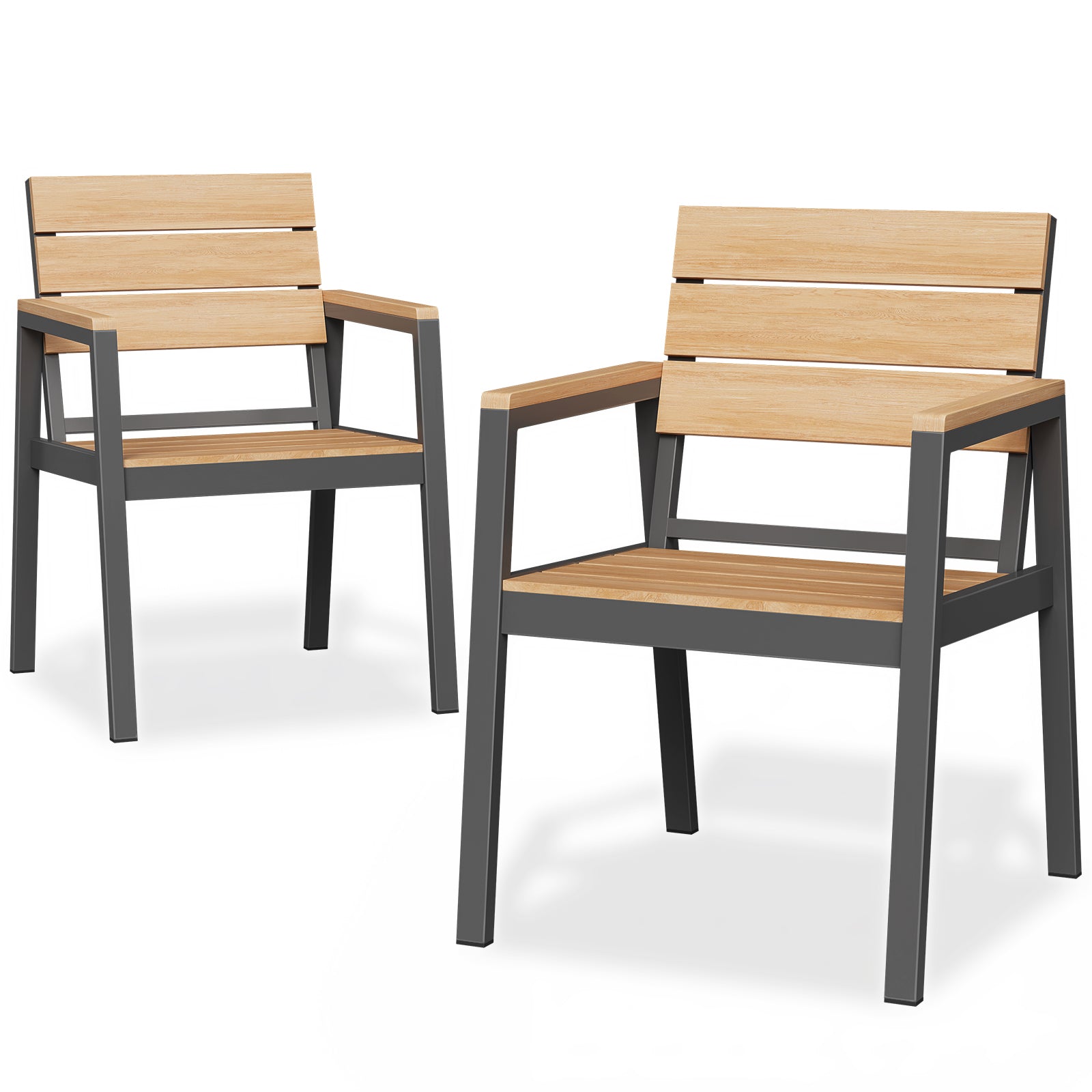 Metallstuhl in Holzoptik – platzsparend unter den Tisch schiebbar