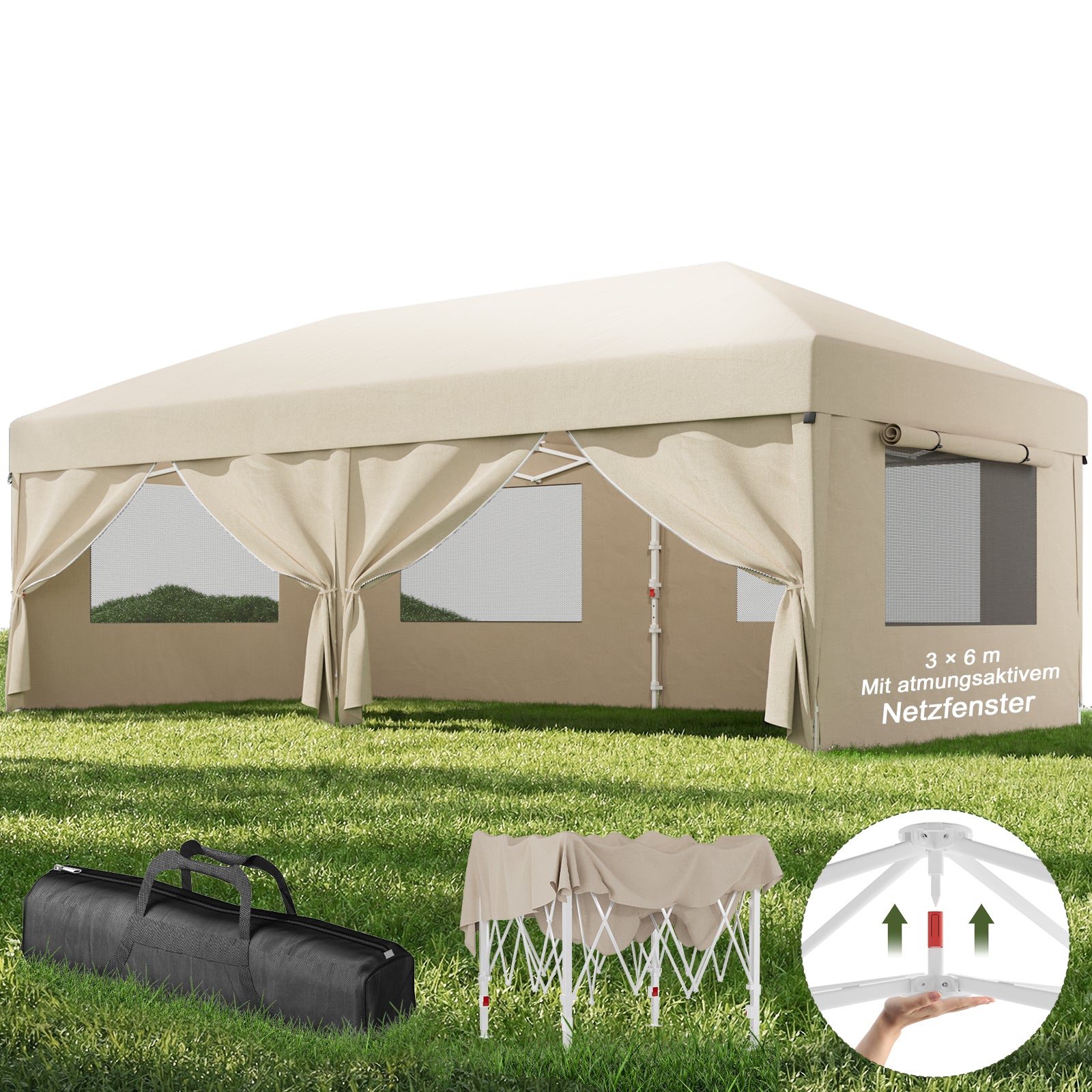 Faltpavillon mit Einhand-Hubsystem mit Moskitonetz-Vorhängen