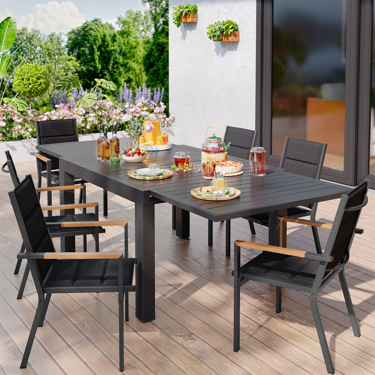 Gartenmöbel Set ausziehbar – Tisch 130–260 cm mit 6, 8 oder 10 Armlehnstühlen, Aluminium, 3 Farben - Yardwell