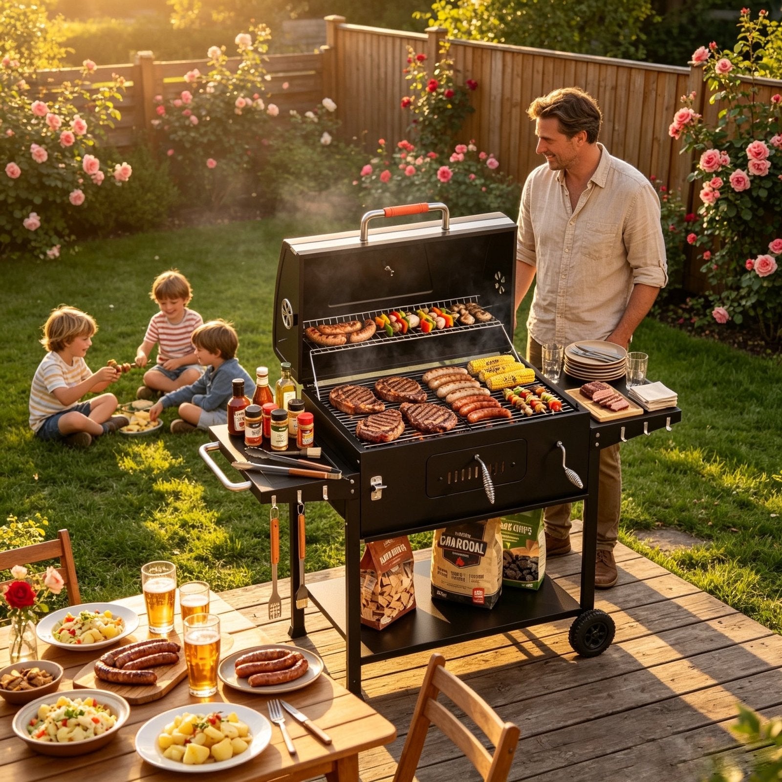 Holzkohlegrill XXL mit Deckel & Thermometer | BBQ Grillwagen mit 2 Seitentischen, Rädern & Ascheschublade | Outdoor Standgrill für Garten - Yardwell