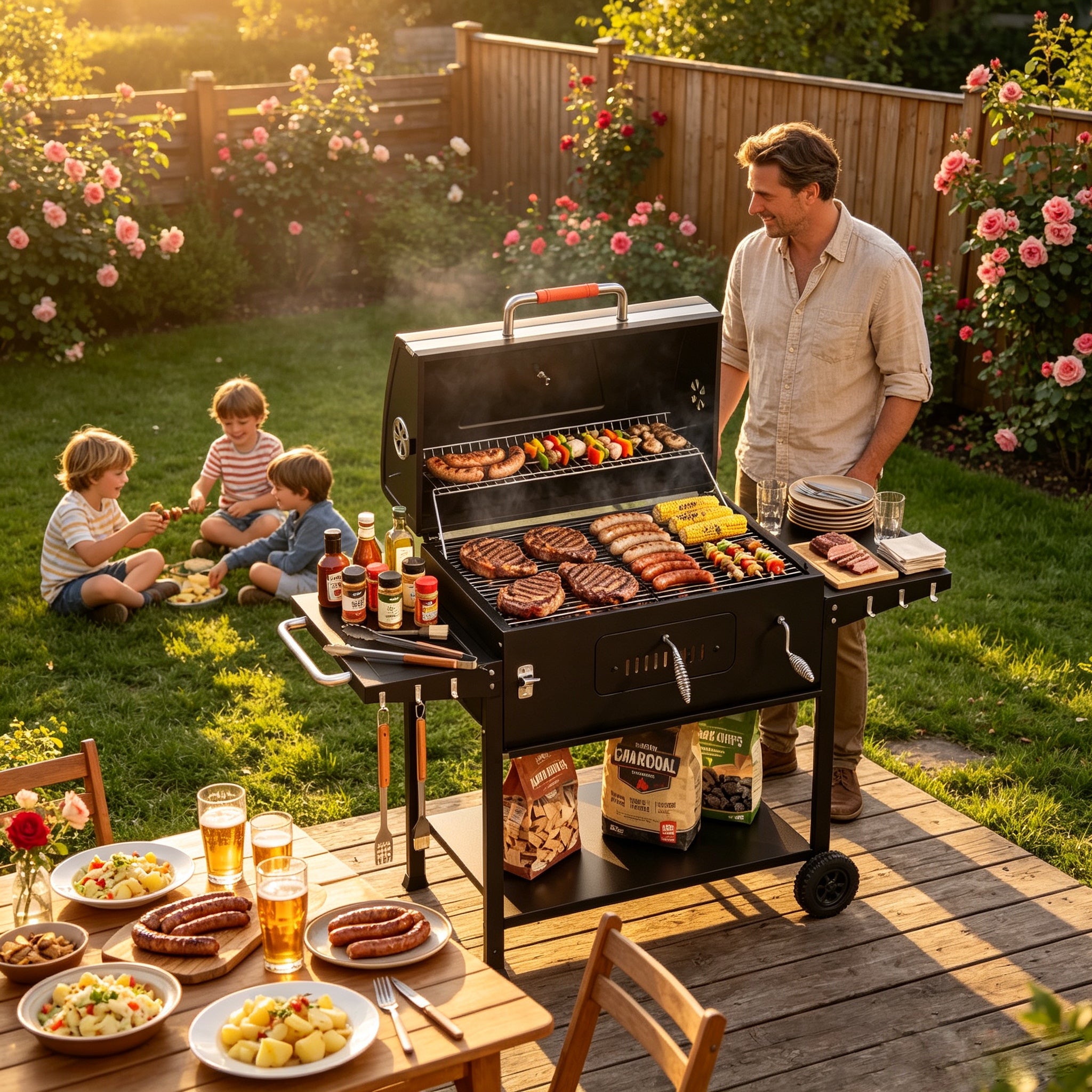 Holzkohlegrill XXL mit Deckel & Thermometer | BBQ Grillwagen mit 2 Seitentischen, Rädern & Ascheschublade | Outdoor Standgrill für Garten