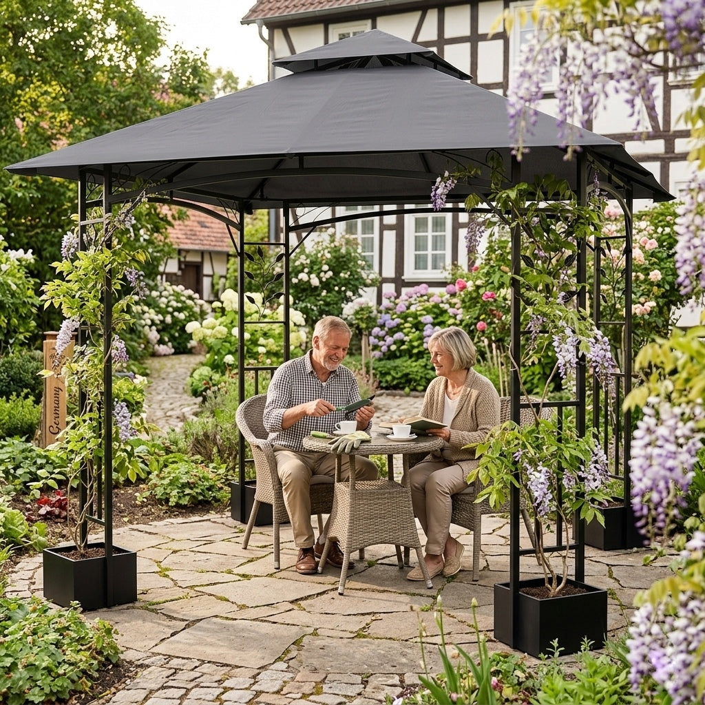 Yardwell Gartenpavillon mit 4 Pflanzkübeln | Rankpavillon 3x3m für Kletterpflanzen | Dekorativ & Stabil | Anthrazit