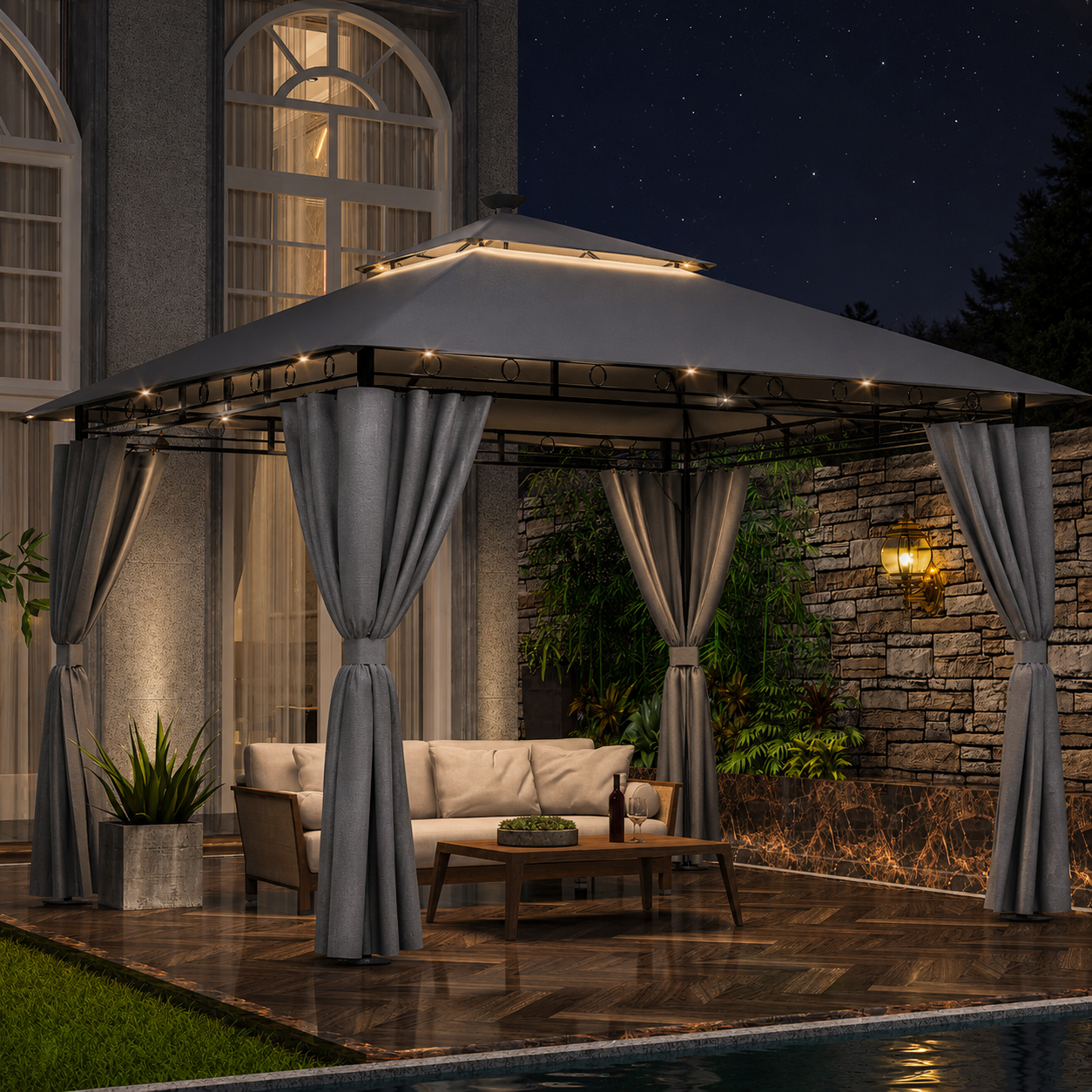 Yardwell Luxus Gartenpavillon mit LED-Beleuchtung | Wasserdicht, Stabil & Winterfest | 3x3m & 3x4m