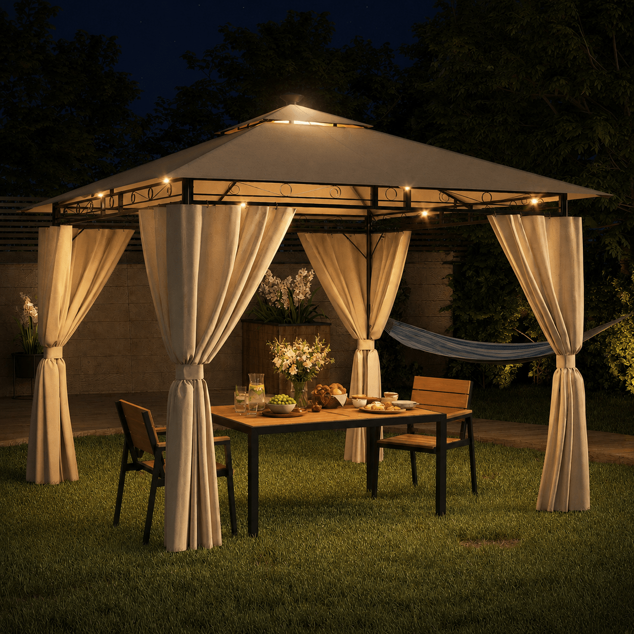 Yardwell Luxus Gartenpavillon mit LED - Beleuchtung | Wasserdicht, Stabil & Winterfest | 3x3 m & 3x4 m & 3x6 m - Yardwell