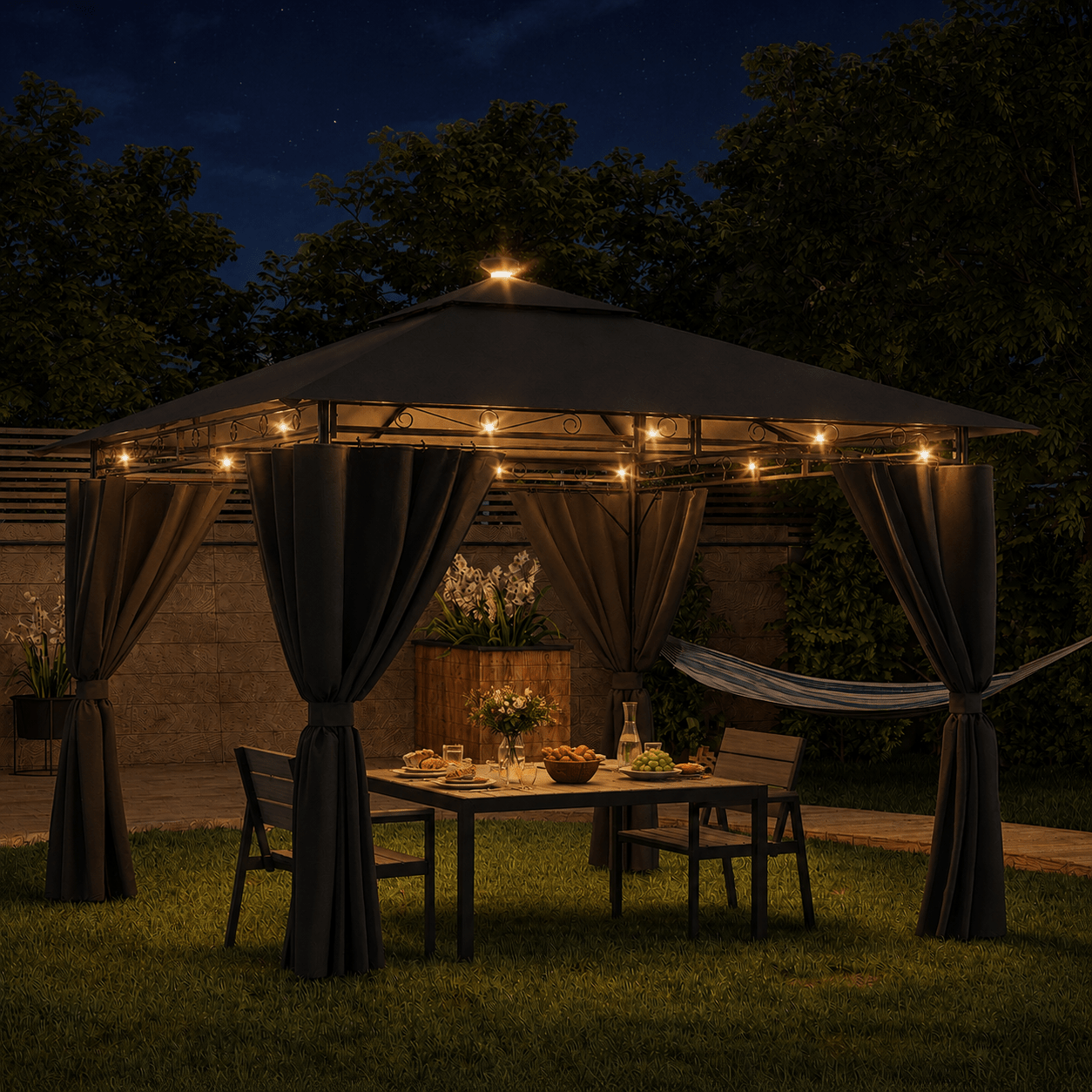 Yardwell Luxus Gartenpavillon mit LED - Beleuchtung | Wasserdicht, Stabil & Winterfest | 3x3 m & 3x4 m & 3x6 m - Yardwell