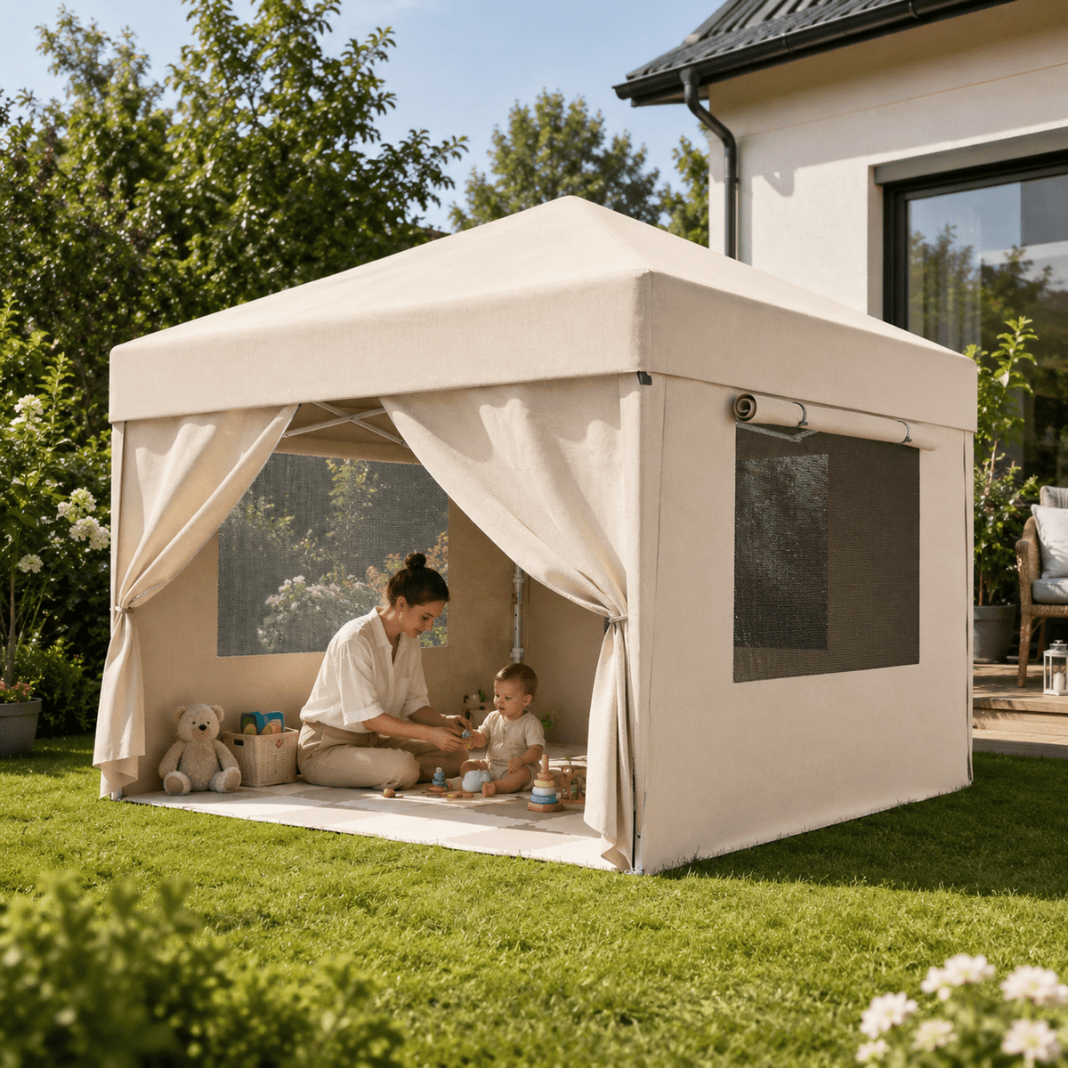 Faltpavillon mit Moskitofenstern – Wasserdicht, UV - Schutz, mit Netz - Seitenwänden - Yardwell