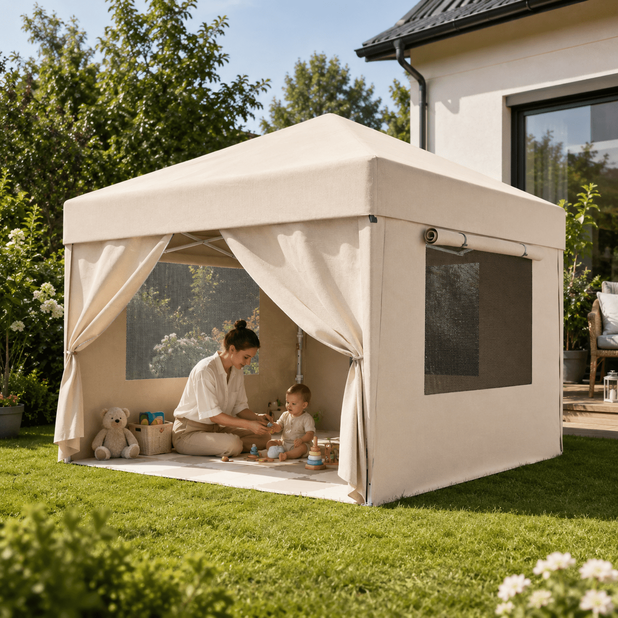 Faltpavillon mit Moskitofenstern – Wasserdicht, UV - Schutz, mit Netz - Seitenwänden - Yardwell