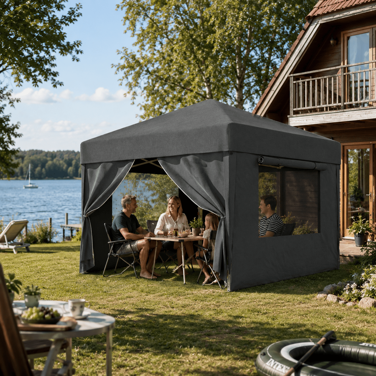 Faltpavillon mit Moskitofenstern – Wasserdicht, UV - Schutz, mit Netz - Seitenwänden - Yardwell