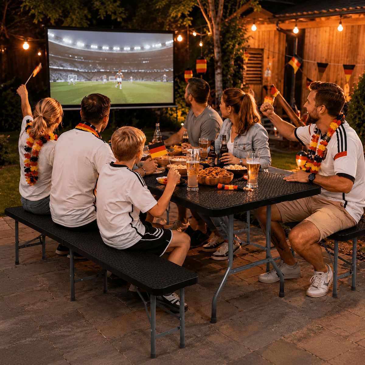 Bierzeltgarnitur klappbar 6 Personen – Klapptisch 180cm mit 2 Bänken, Rattan - Optik, 300kg, wetterfest, Kofferraum - geeignet - Yardwell