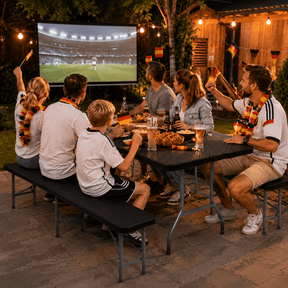 Bierzeltgarnitur klappbar 6 Personen – Klapptisch 180cm mit 2 Bänken, Rattan - Optik, 300kg, wetterfest, Kofferraum - geeignet - Yardwell