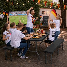 Bierzeltgarnitur klappbar 6 Personen – Klapptisch 180cm mit 2 Bänken, Rattan - Optik, 300kg, wetterfest, Kofferraum - geeignet - Yardwell