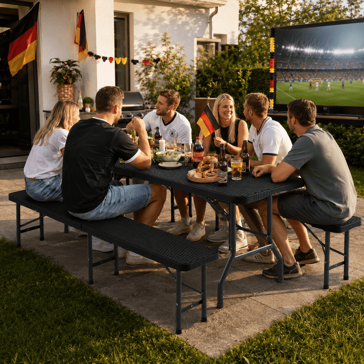 Bierzeltgarnitur klappbar 6 Personen – Klapptisch 180cm mit 2 Bänken, Rattan - Optik, 300kg, wetterfest, Kofferraum - geeignet - Yardwell