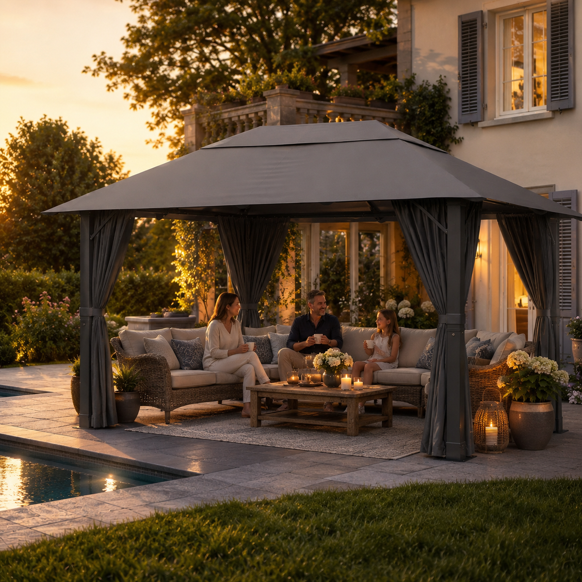 Yardwell Alu-Gartenpavillon 3x3m & 3x4m | Rostfreies Aluminiumgestell | 100% Wasserdicht & Stabil | Modernes Design