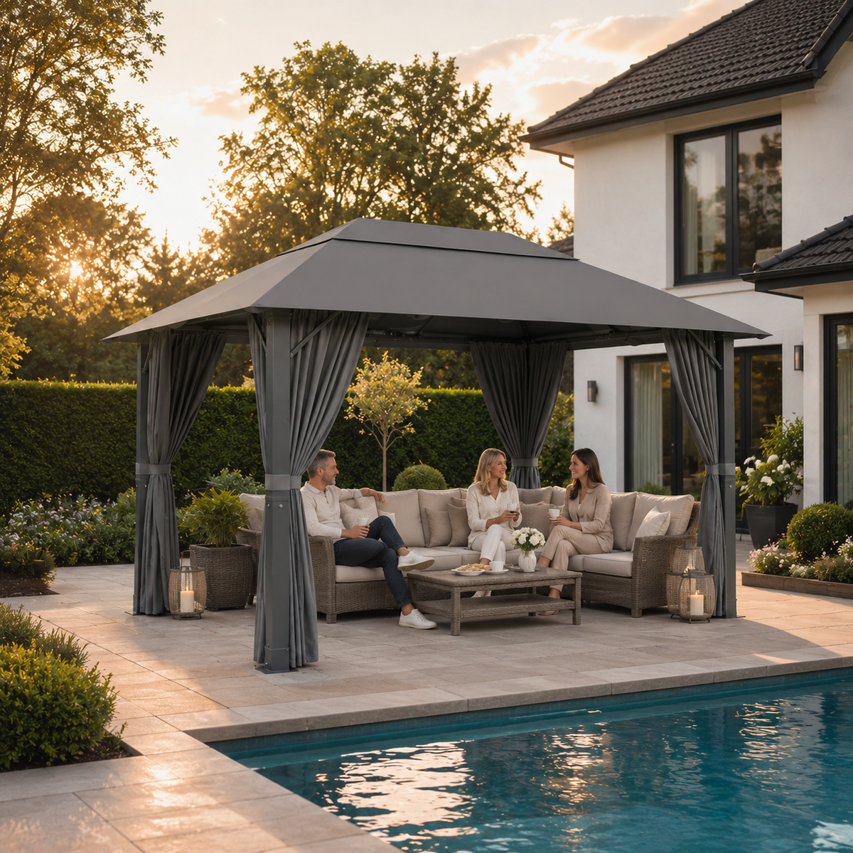 Yardwell Alu-Gartenpavillon 3x3m & 3x4m | Rostfreies Aluminiumgestell | 100% Wasserdicht & Stabil | Modernes Design
