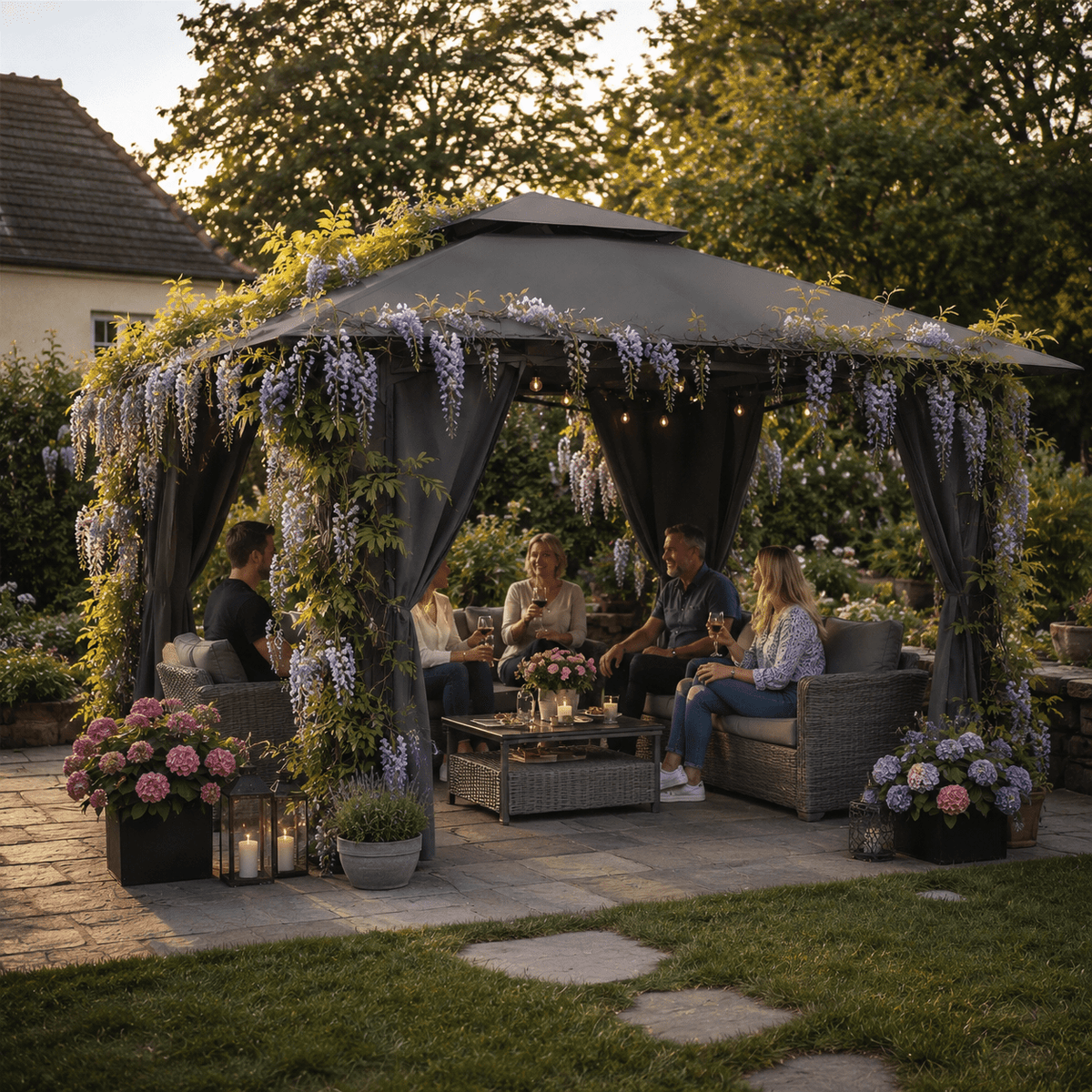 Yardwell Gartenpavillon mit 4 Pflanzkübeln | Rankpavillon 3x3m für Kletterpflanzen | Dekorativ & Stabil | Anthrazit - Yardwell