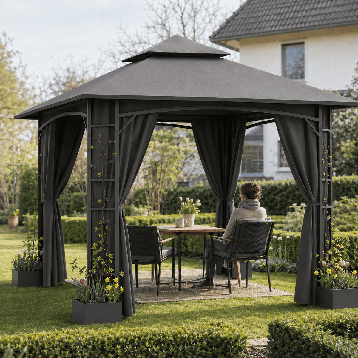 Yardwell Gartenpavillon mit 4 Pflanzkübeln | Rankpavillon 3x3m für Kletterpflanzen | Dekorativ & Stabil | Anthrazit - Yardwell