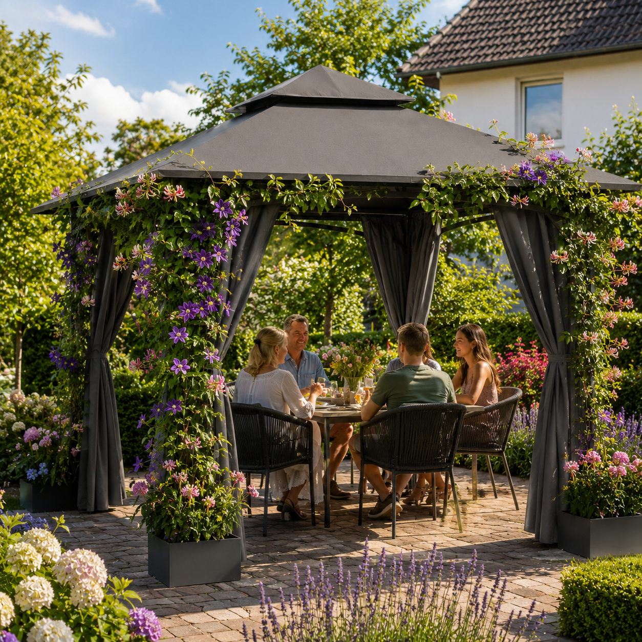 Yardwell Gartenpavillon mit 4 Pflanzkübeln | Rankpavillon 3x3m für Kletterpflanzen | Dekorativ & Stabil | Anthrazit