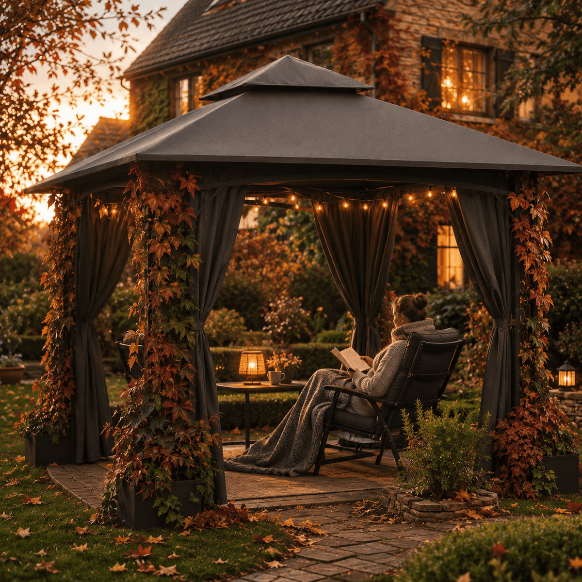 Yardwell Gartenpavillon mit 4 Pflanzkübeln | Rankpavillon 3x3m für Kletterpflanzen | Dekorativ & Stabil | Anthrazit - Yardwell