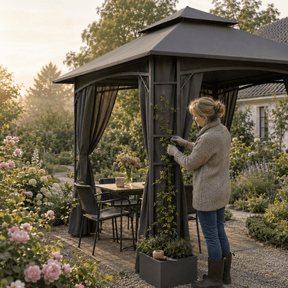 Yardwell Gartenpavillon mit 4 Pflanzkübeln | Rankpavillon 3x3m für Kletterpflanzen | Dekorativ & Stabil | Anthrazit - Yardwell