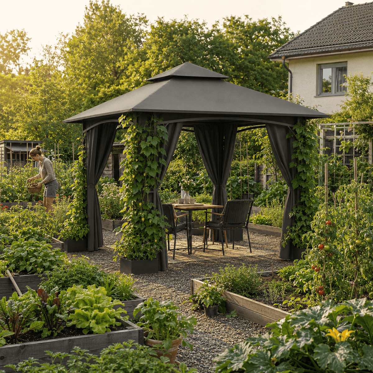 Yardwell Gartenpavillon mit 4 Pflanzkübeln | Rankpavillon 3x3m für Kletterpflanzen | Dekorativ & Stabil | Anthrazit - Yardwell