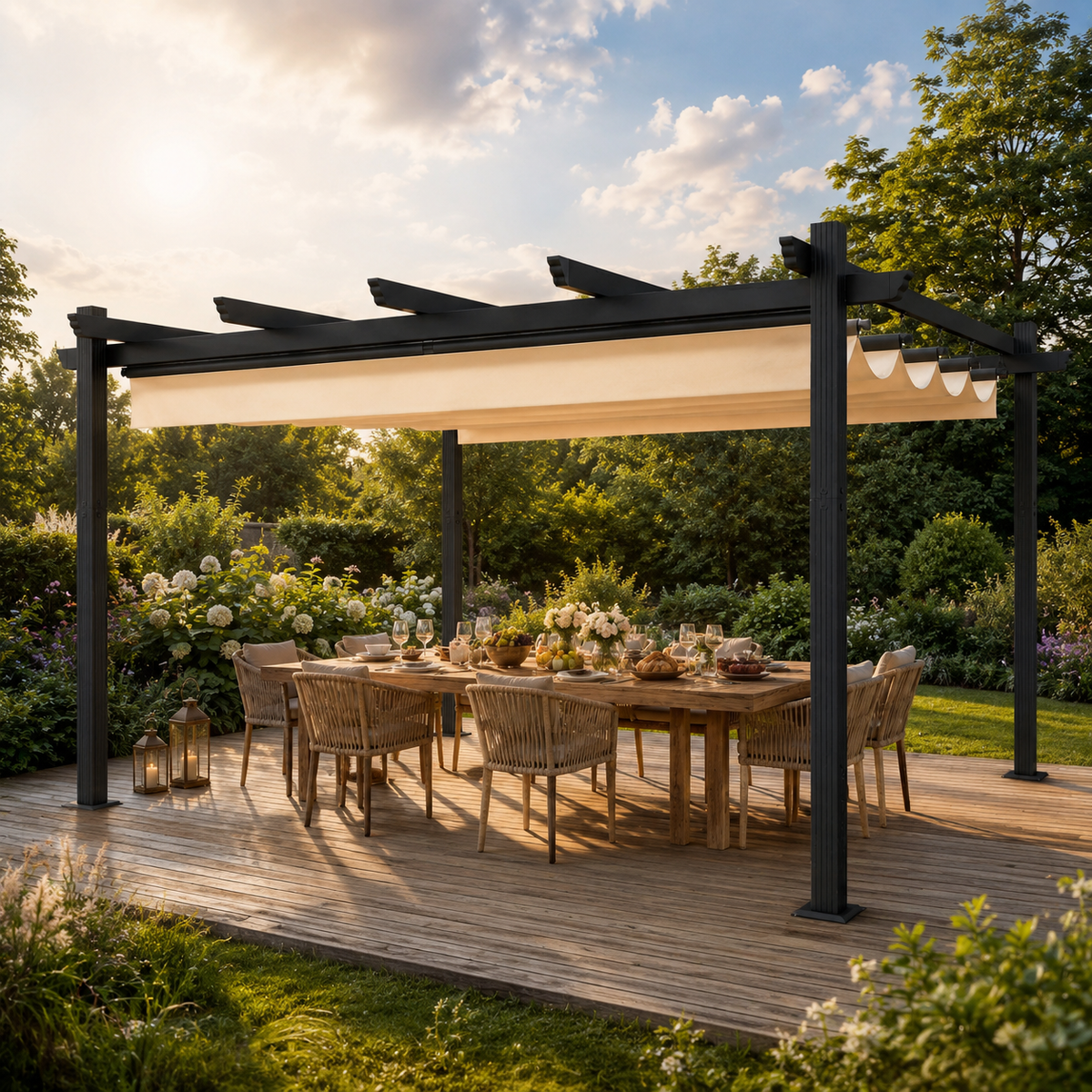Yardwell Pergola Gartenpavillon mit einziehbarem Dach | 3x4m & 3x3m | Verstellbares Sonnendach | Wasserdicht & Stabil
