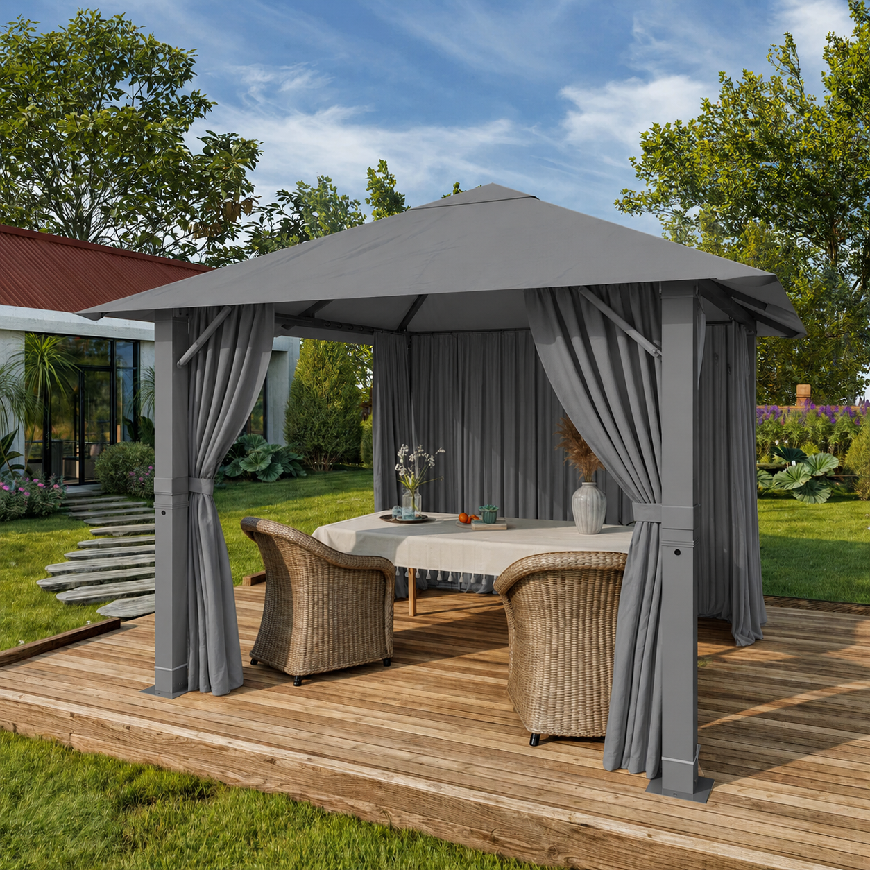 Yardwell Alu-Gartenpavillon 3x3m & 3x4m | Rostfreies Aluminiumgestell | 100% Wasserdicht & Stabil | Modernes Design