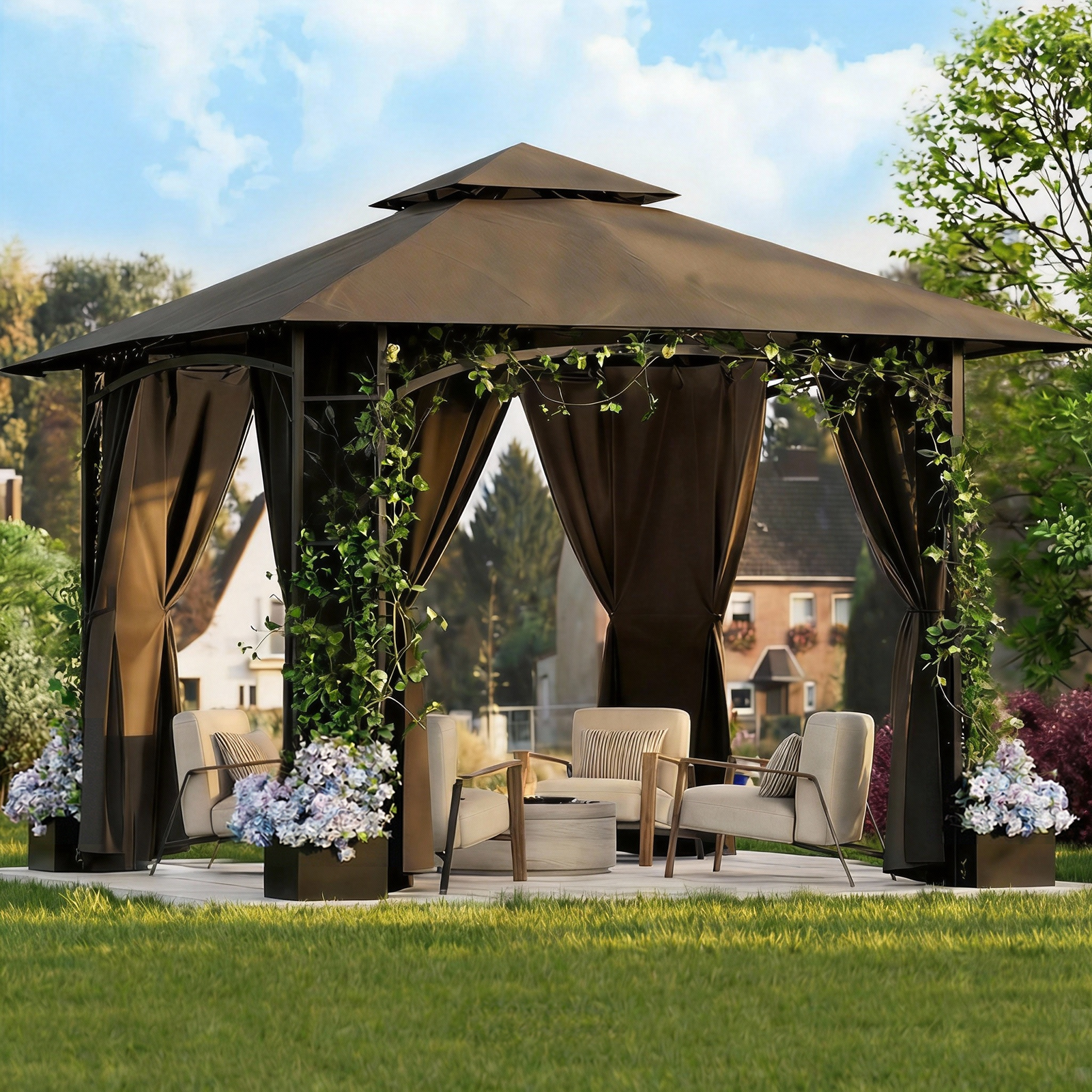 1107 3x3 Gartenpavillon aus Schmiedeeisen mit 4 Blumentöpfen