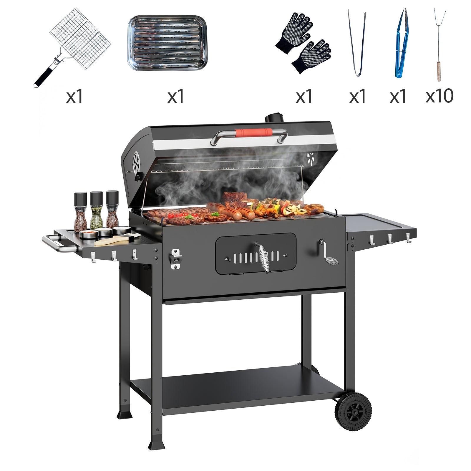 Holzkohlegrill mit doppelten Seitentischen – inkl. Basiszubehör