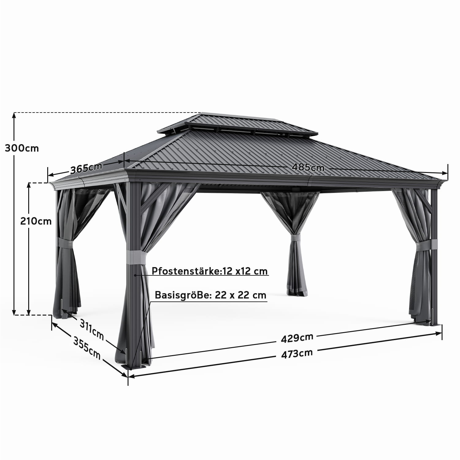 Yardwell Hardtop Pavillon mit Stahldach, 3.65X4.85m, Gartenpavillon mit Seitenwand und Moskitonetz