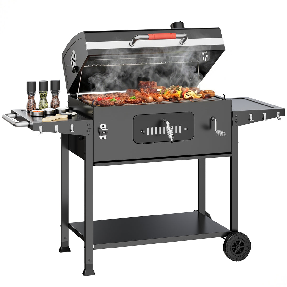 Holzkohlegrill XXL mit Deckel & Thermometer | BBQ Grillwagen mit 2 Seitentischen, Rädern & Ascheschublade | Outdoor Standgrill für Garten - Yardwell