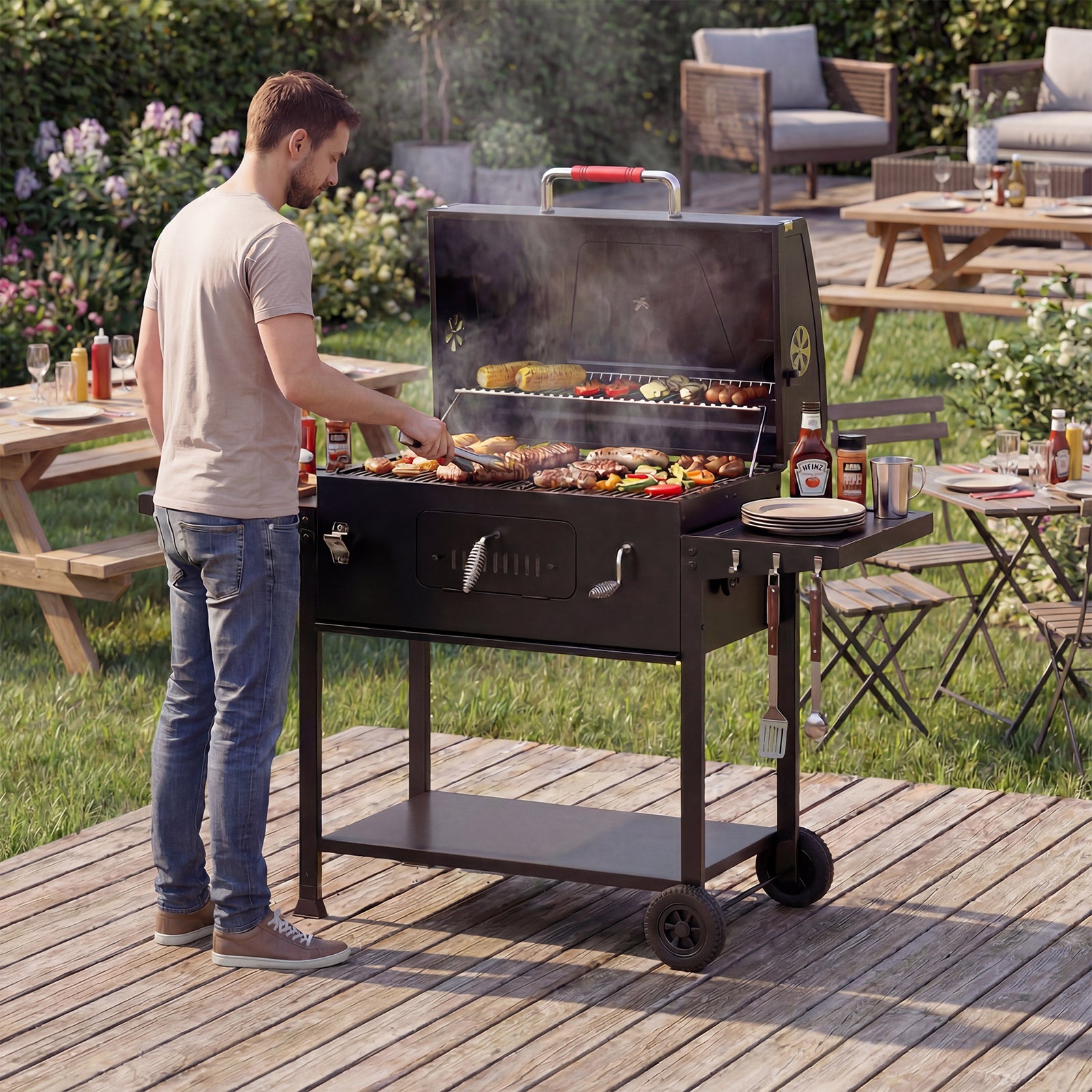 Holzkohlegrill mit doppelten Seitentischen – inkl. Basiszubehör