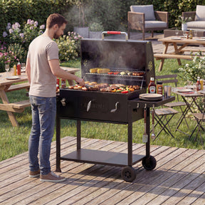 Holzkohlegrill XXL mit Deckel & Thermometer | BBQ Grillwagen mit 2 Seitentischen, Rädern & Ascheschublade | Outdoor Standgrill für Garten - Yardwell