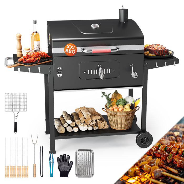 Holzkohlegrill XXL mit Deckel & Thermometer | BBQ Grillwagen mit 2 Seitentischen, Rädern & Ascheschublade | Outdoor Standgrill für Garten