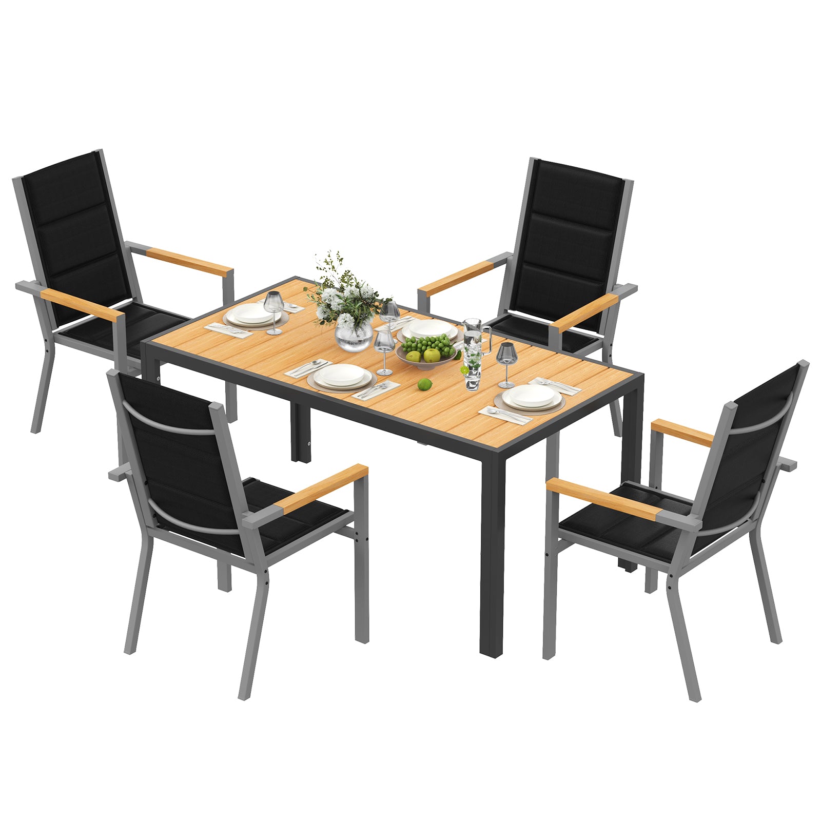 Gartenmöbel Set Holzoptik – Tisch 150 oder 189 cm mit 4, 6 oder 8 Armlehnstühlen, Aluminium, 2 Farben