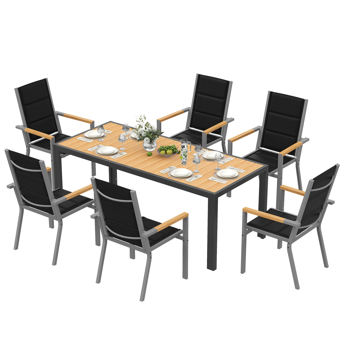 Gartenmöbel Set 189 cm – Aluminium Holzoptik | Für 4, 6 oder 8 Personen mit Armlehnstühlen - Yardwell