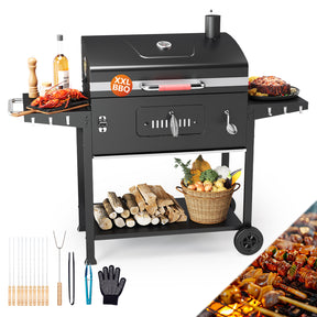 Holzkohlegrill XXL mit Deckel & Thermometer | BBQ Grillwagen mit 2 Seitentischen, Rädern & Ascheschublade | Outdoor Standgrill für Garten - Yardwell